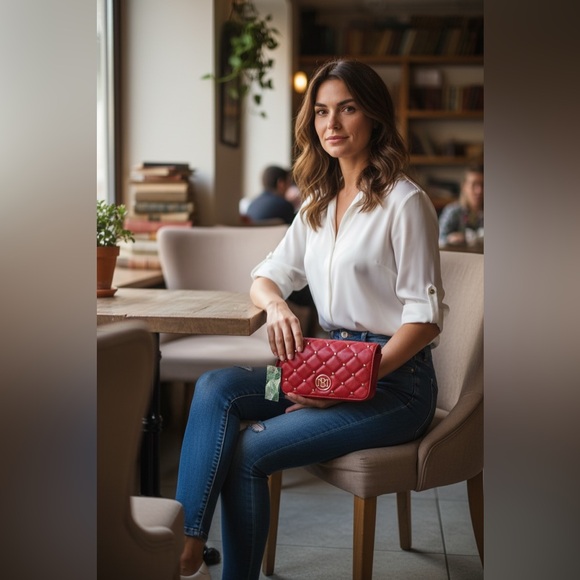 Badgley Mischka Handbags - Red Quilted Badgley Mischka  Crossbody bag with built in wallet slots